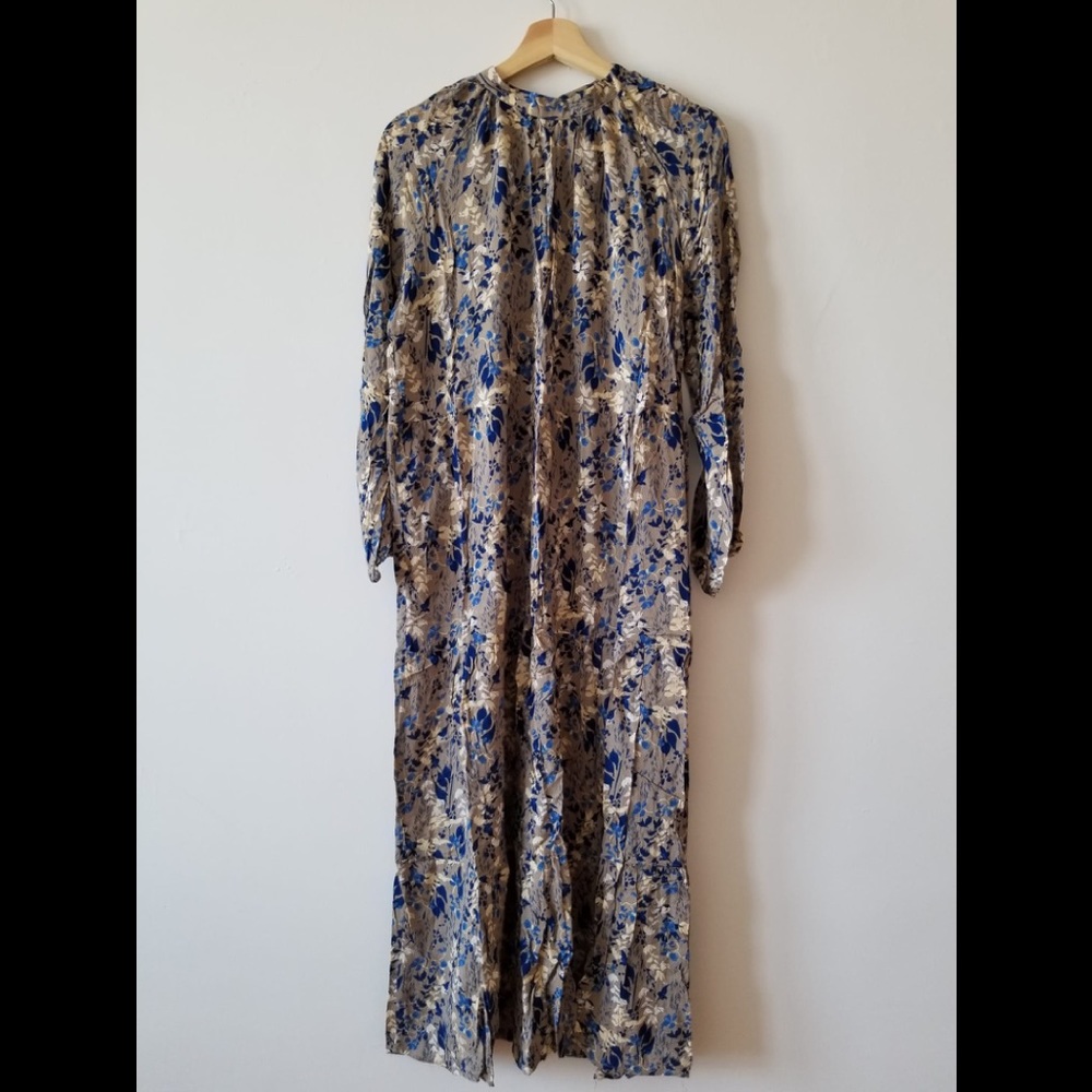 Gray, blue, and cream midaxi dress